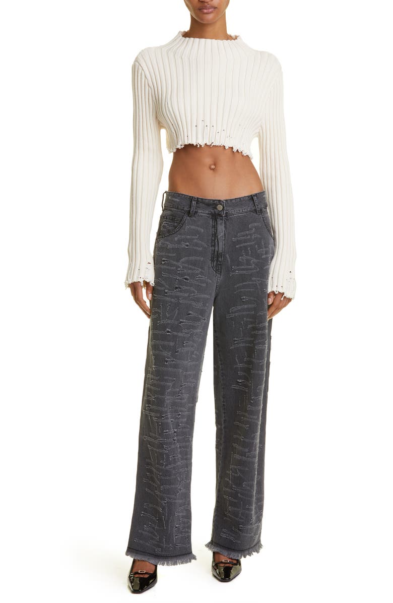 Interior Trinity Distressed Cotton Blend Rib Crop Sweater, Alternate, color,