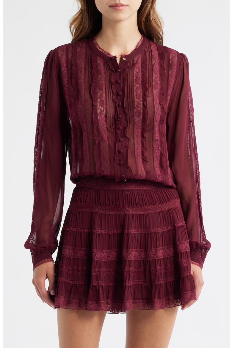 Alvynne Lace & Ruffle Detail Button-Up Shirt, Main, color, OXBLOOD