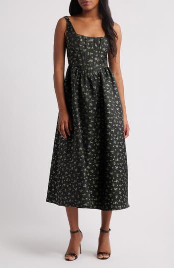 Lulus Celine Floral Corset Cocktail Midi Dress In Black