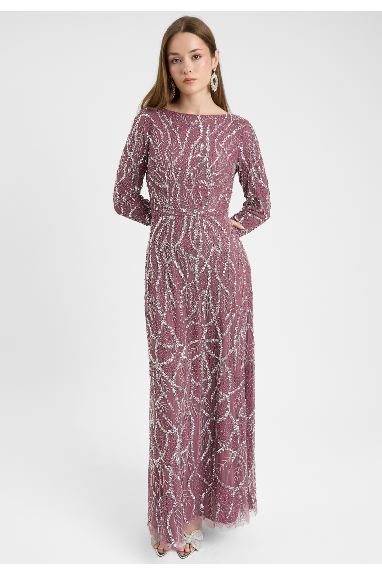Modest Embellished Sequin Beaded Dress Maxi With A Line Bottom, Alternate, color, MAUVE