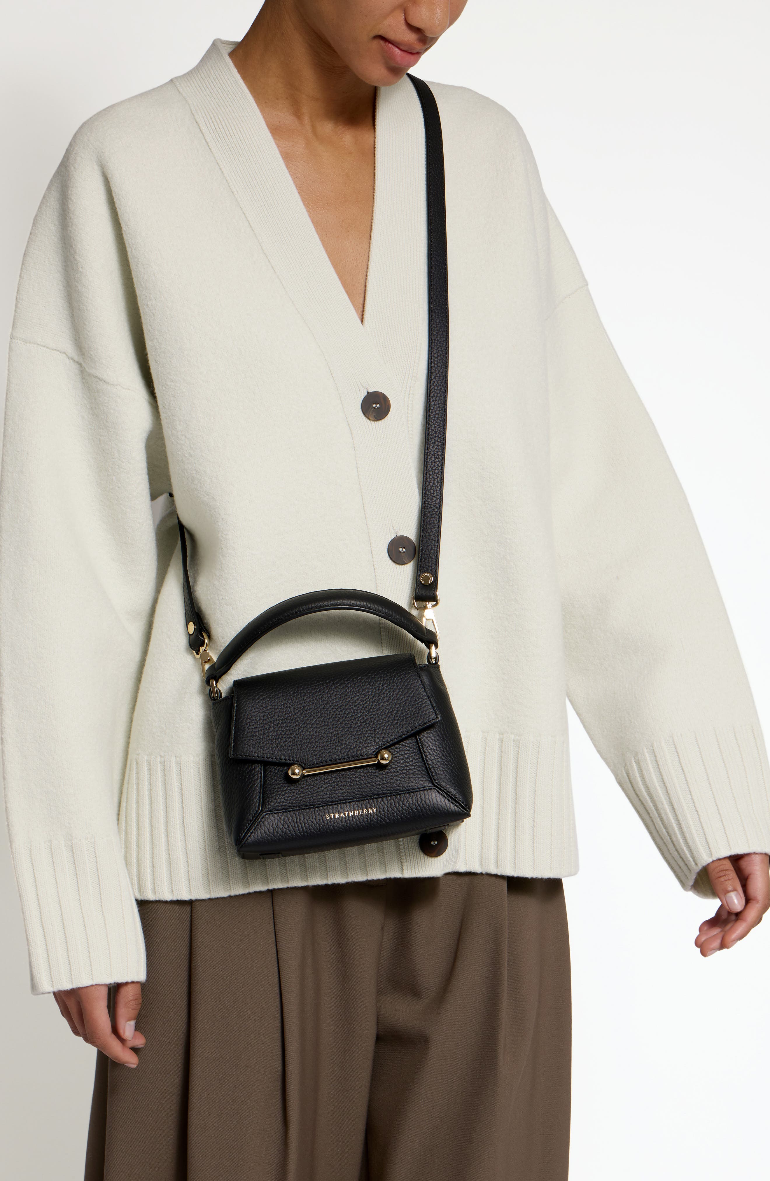 Strathberry Mini Mosaic Leather Top Handle Bag, Alternate, color, Black