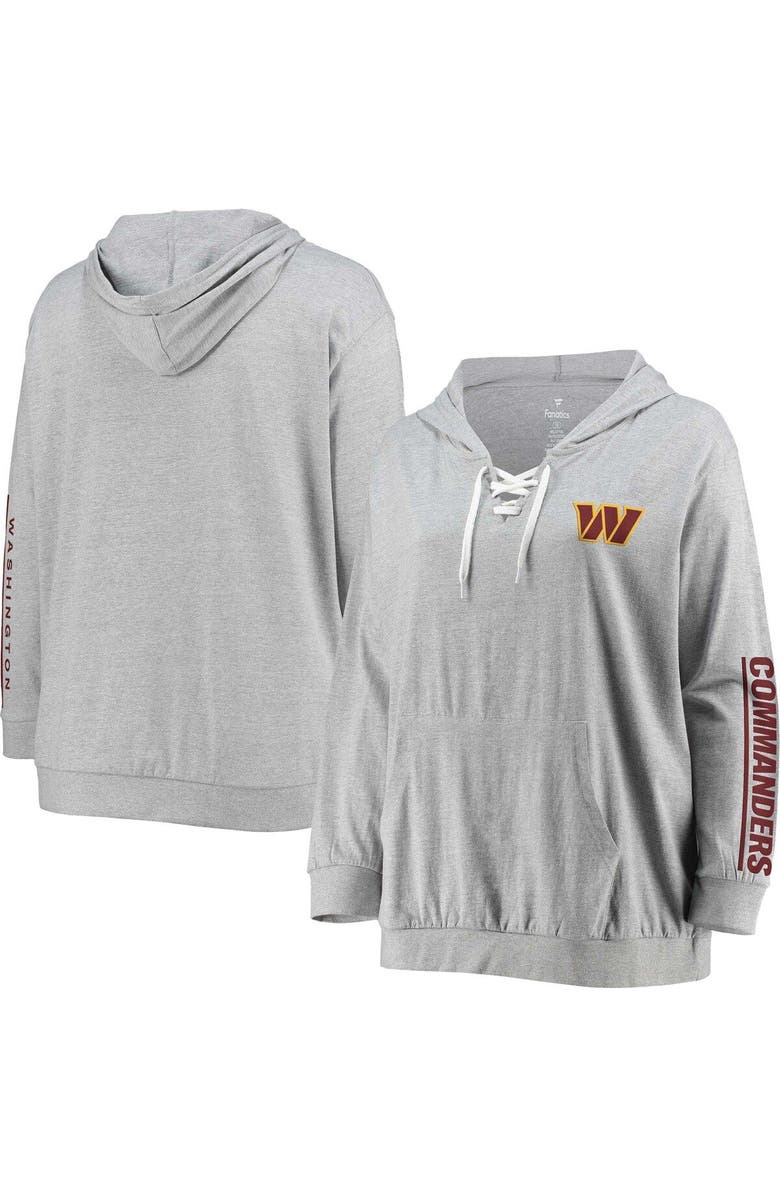 FANATICS Women's Fanatics Branded Heather Gray Washington Commanders Plus Size Lace-Up V-Neck Pullover Hoodie, Main, color, 