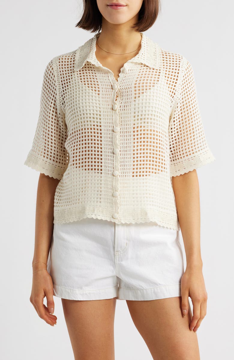 FRAME The Crochet Short Sleeve Button-Up Shirt, Main, color, Cream