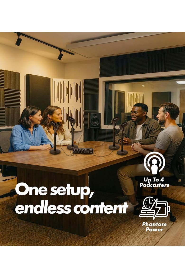 Four Person Podcast Bundle with 4 Channel USB Audio Interface, 4 CastMic Microphones, and 4 Tabletop Stands, Alternate, color, Black
