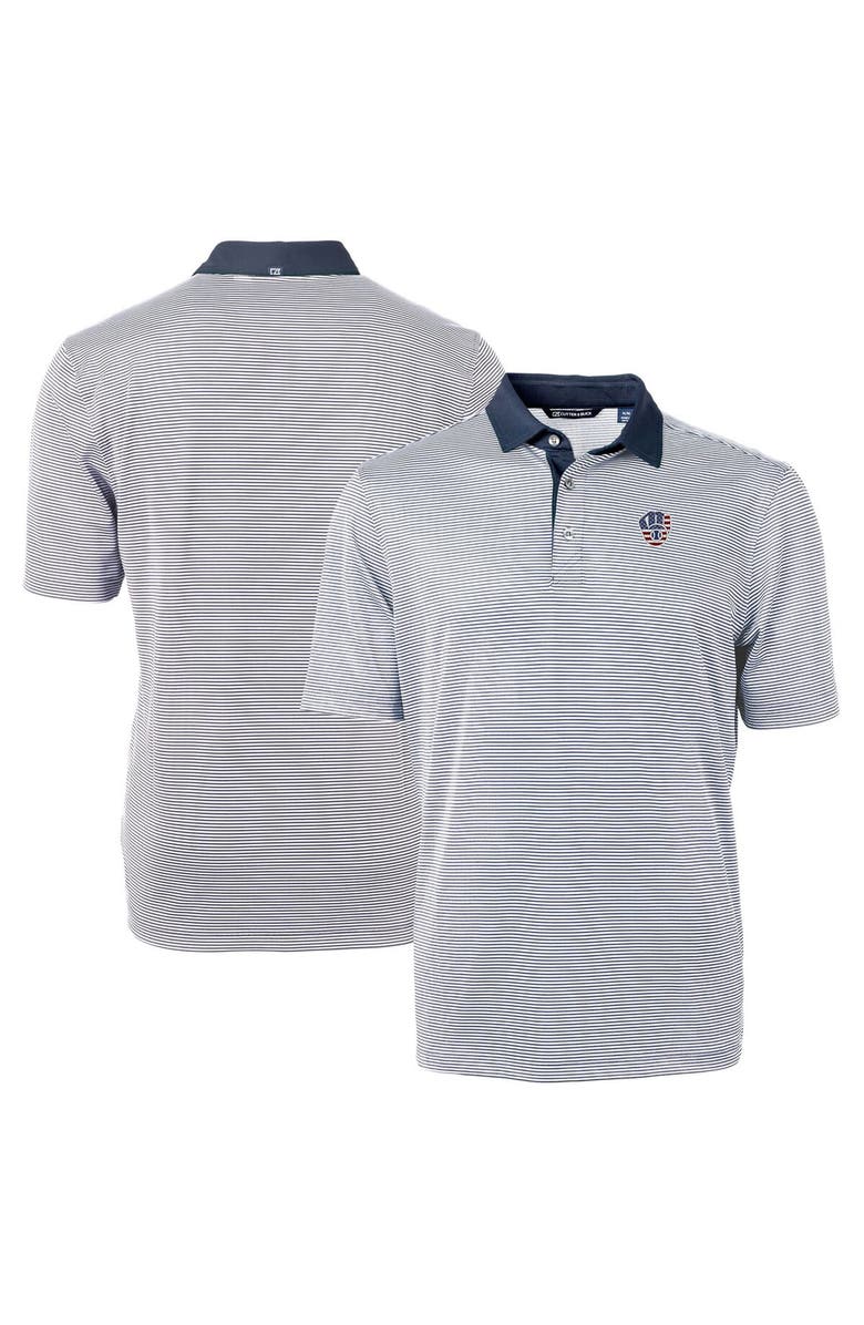 Cutter & Buck Men's Cutter & Buck  Navy Milwaukee Brewers Americana Logo Virtue Eco Pique Stripe Recycled Polo, Main, color, 