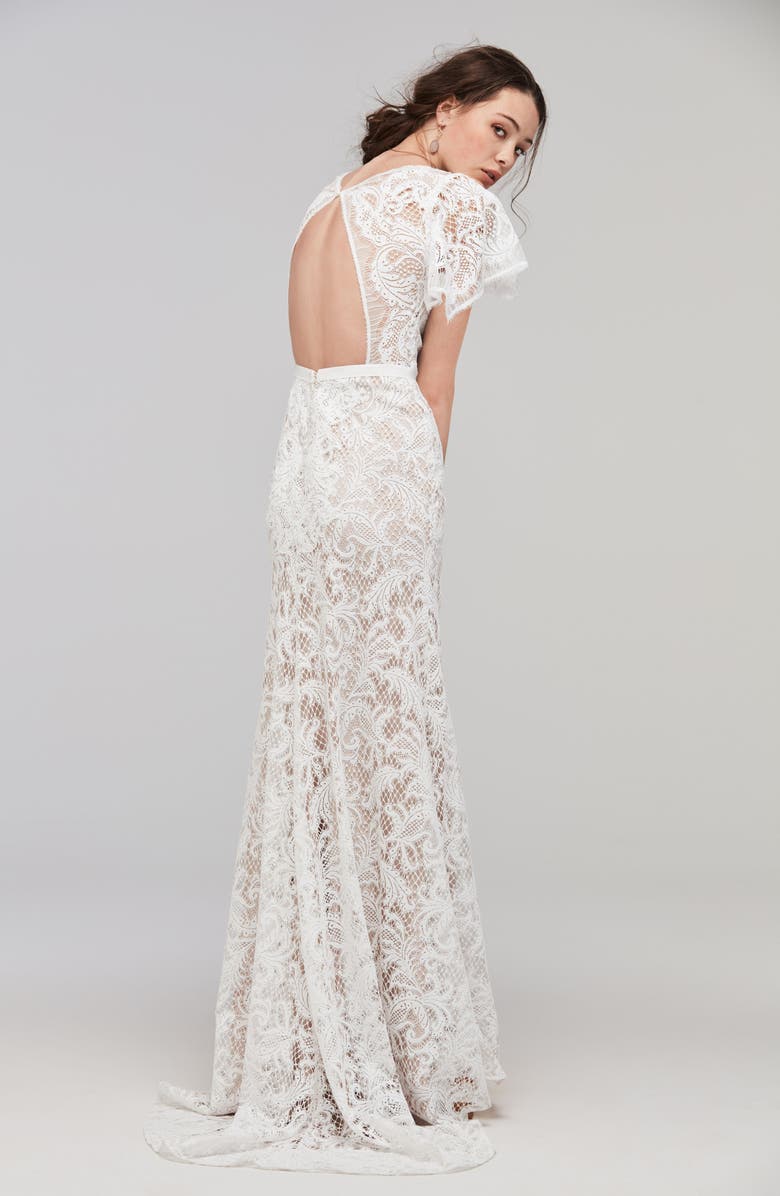 Willowby Udara Flutter Sleeve Lace Faux Wrap Gown, Alternate, color,