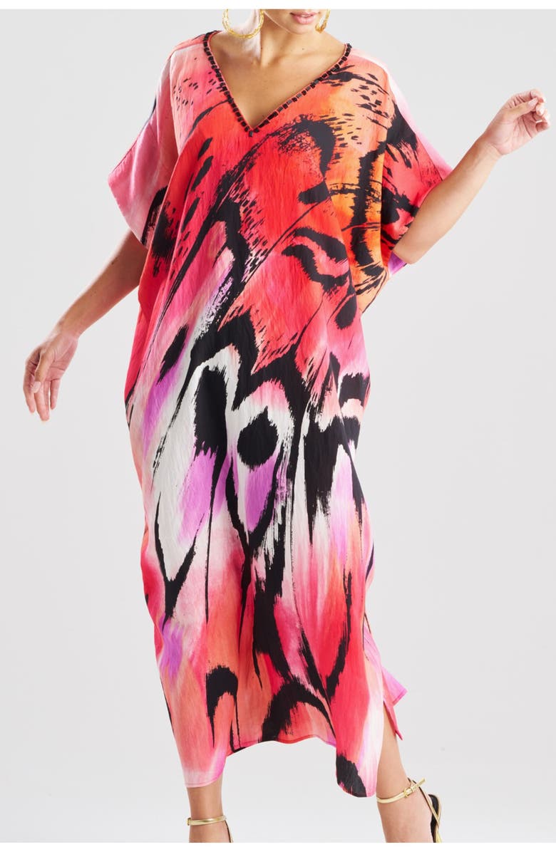 Natori Butterfly Linen Blend Caftan w/ Beading, Alternate, color, Red
