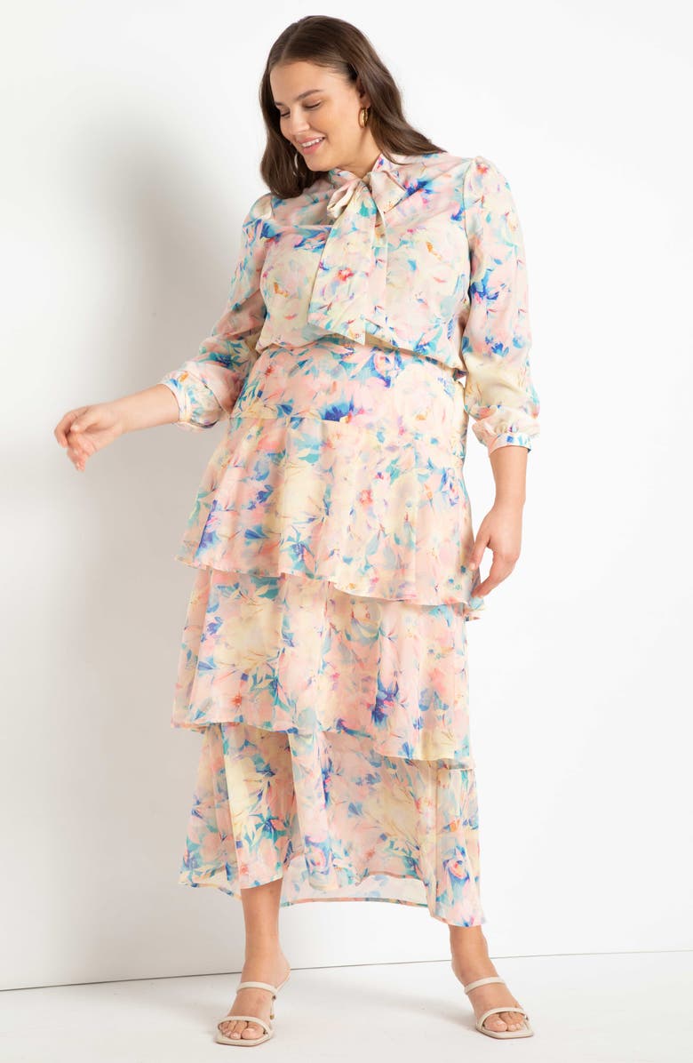 ELOQUII Floral Tie Neck Blouse, Alternate, color, 