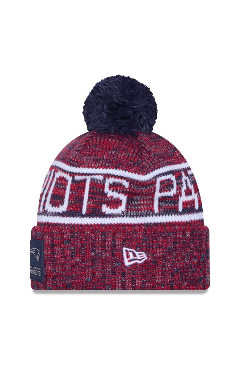 New Era Men's New Era Red New England Patriots 2025 Sideline Cold Weather Cuffed Knit Hat with Pom, Alternate, color, 