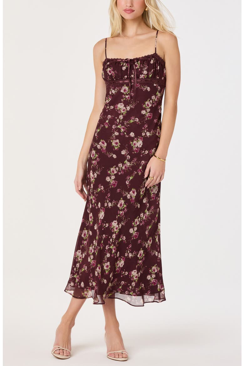 Abriana Floral Lace Trim Midi Dress, Alternate, color, WINE FLORAL