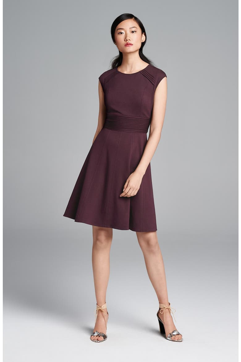 Pintucked Waist Seamed Ponte Knit Fit & Flare Dress, Main, color, NAVY