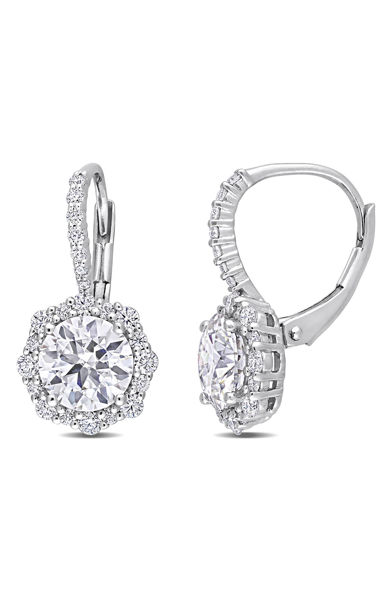 DELMAR Sterling Silver Lab Created Moissanite Halo Drop Earrings