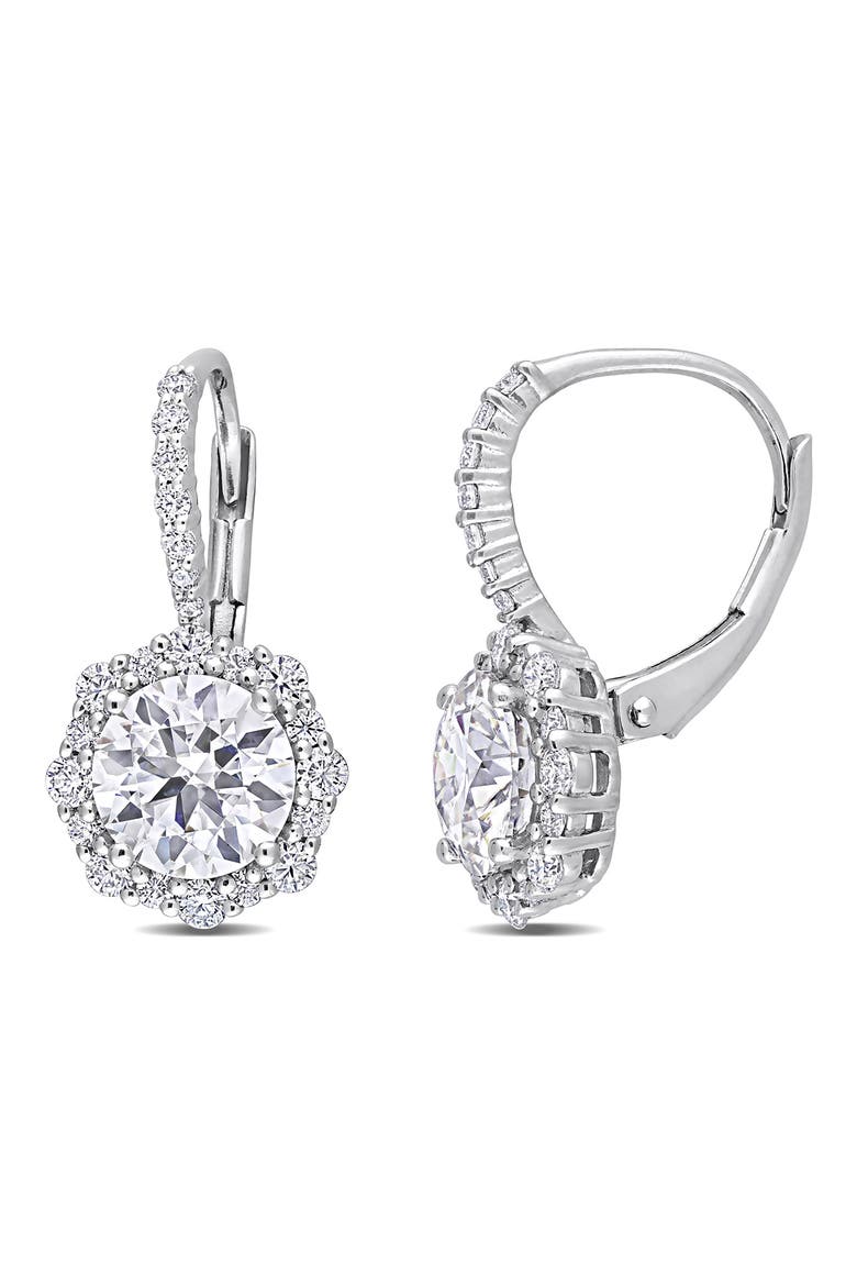 Sterling Silver Lab Created Moissanite Halo Drop Earrings, Main, color, SILVER