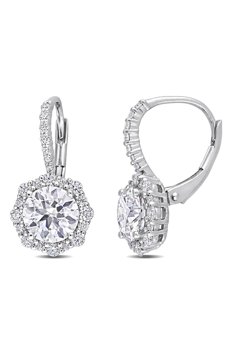 DELMAR Sterling Silver Lab Created Moissanite Halo Drop Earrings, Main, color, Silver