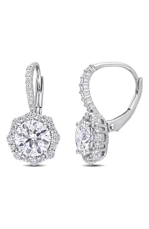 Sterling Silver Lab Created Moissanite Halo Drop Earrings