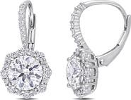 DELMAR Sterling Silver Lab Created Moissanite Halo Drop Earrings