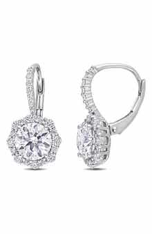 DELMAR Sterling Silver Lab Created Moissanite Halo Drop Earrings