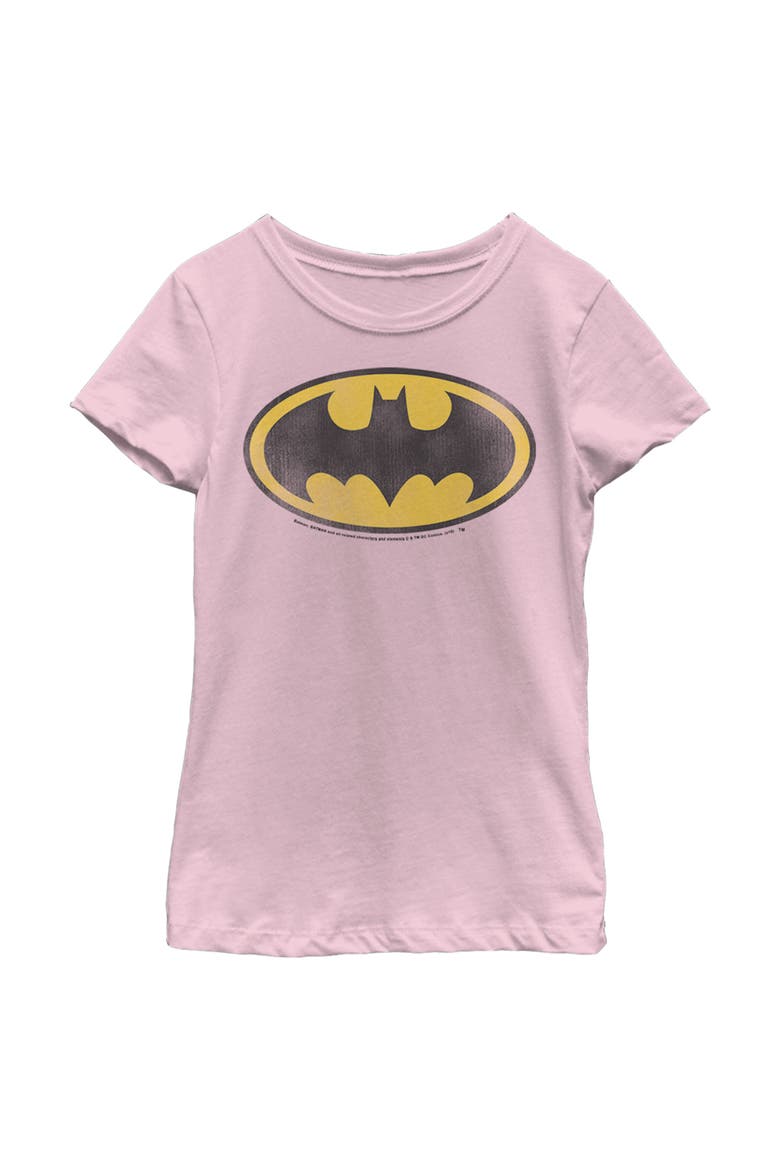 Girl's Batman Distressed Bat Logo Graphic Tee, Main, color, Light Pink