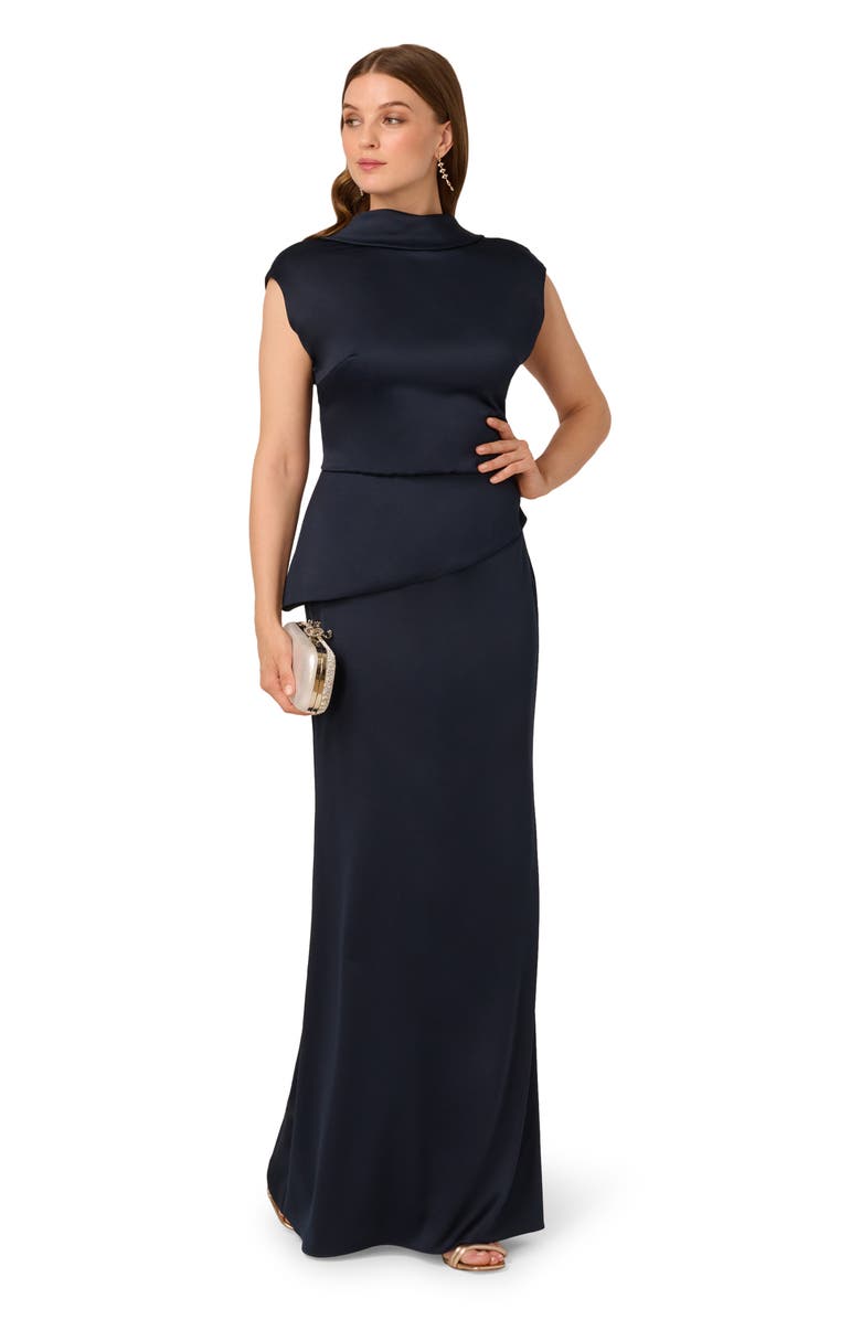 Adrianna Papell Popover Satin Crepe Gown, Alternate, color, Dark Navy