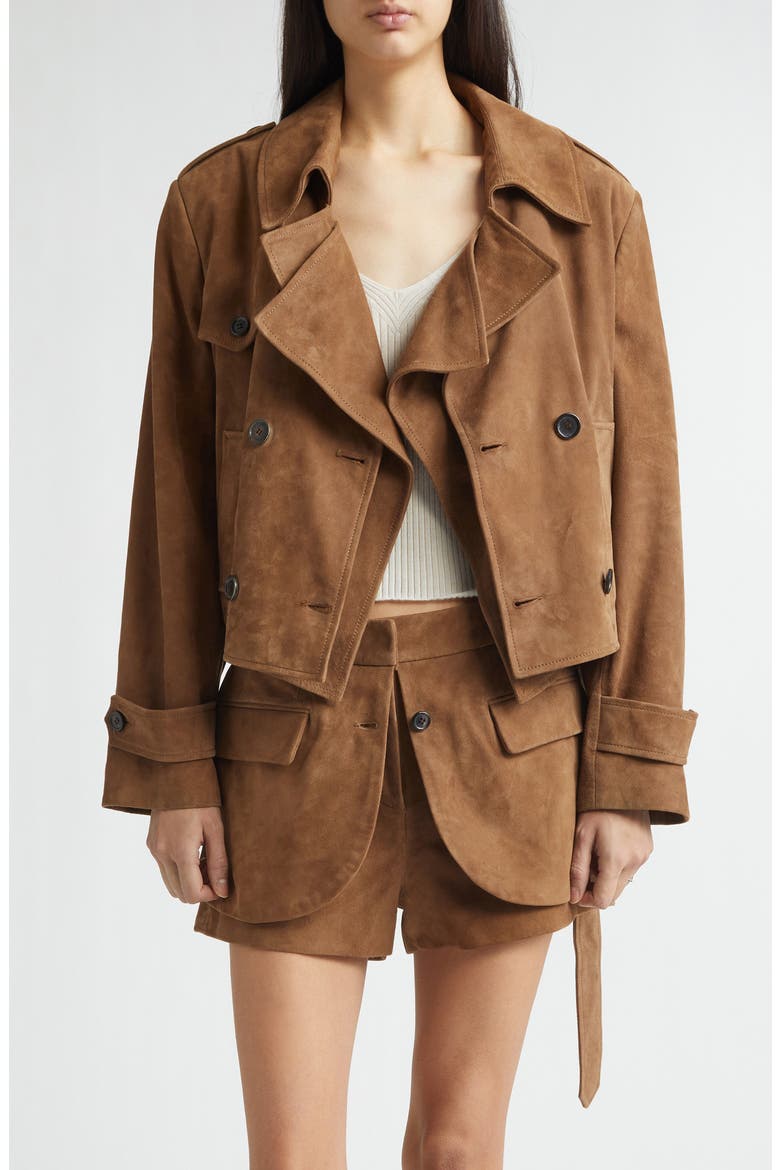 Layering Double Breasted Lambskin Suede Crop Trench Coat, Main, color, TAN