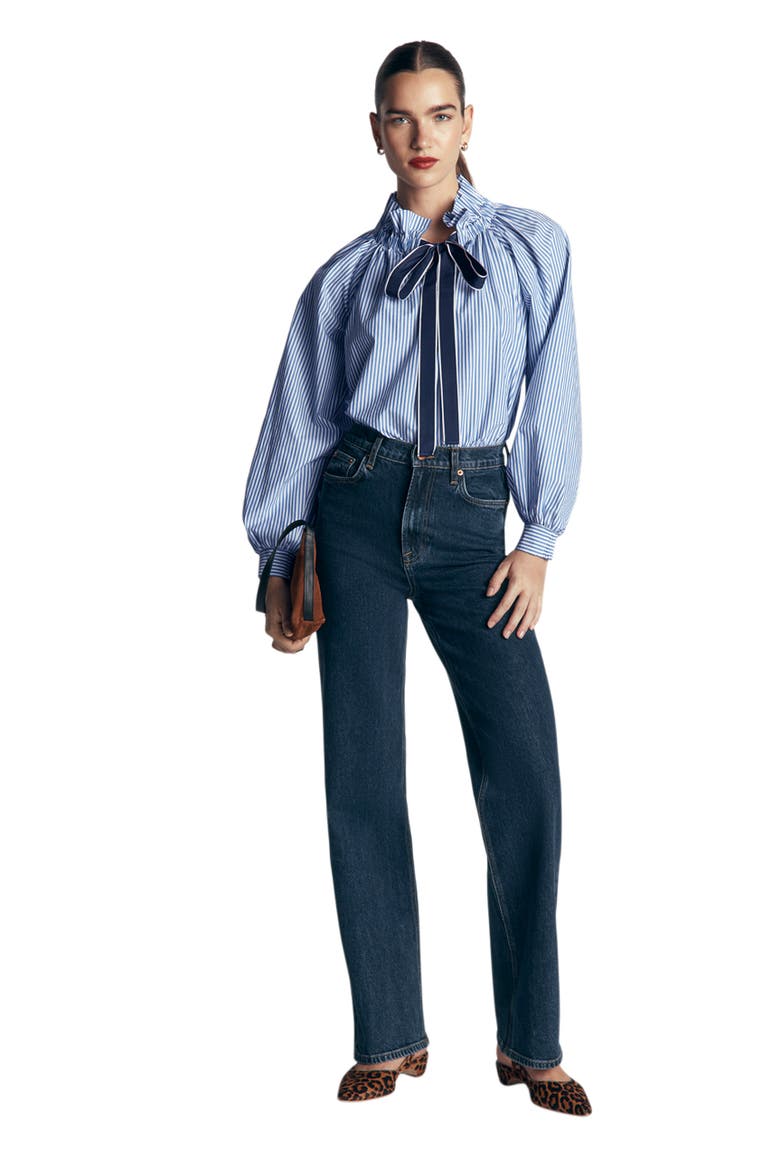 Bow Neck Ruffle Shirt, Alternate, color, BRIGHT BLUE, IVORY STRIPE