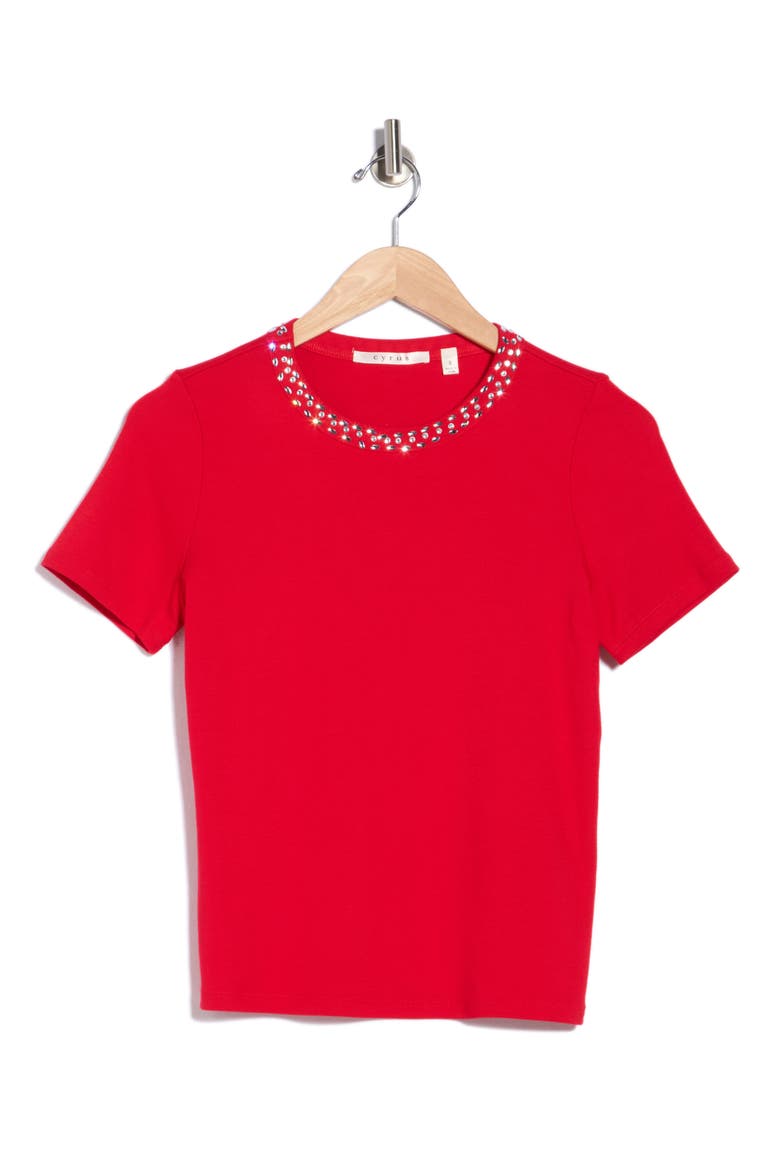 Embellished Neck Crew T-Shirt, Alternate, color, CABERNET RED