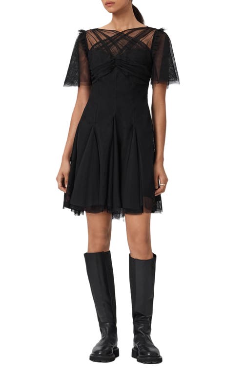 Allsaints Womens Black Madi Flutter-sleeved Woven Mini Dress In Black