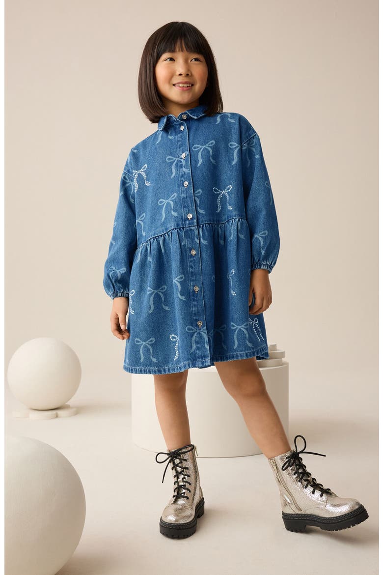 Kids' Bow Diamante Long Sleeve Denim Shirtdress, Alternate, color, BLUE