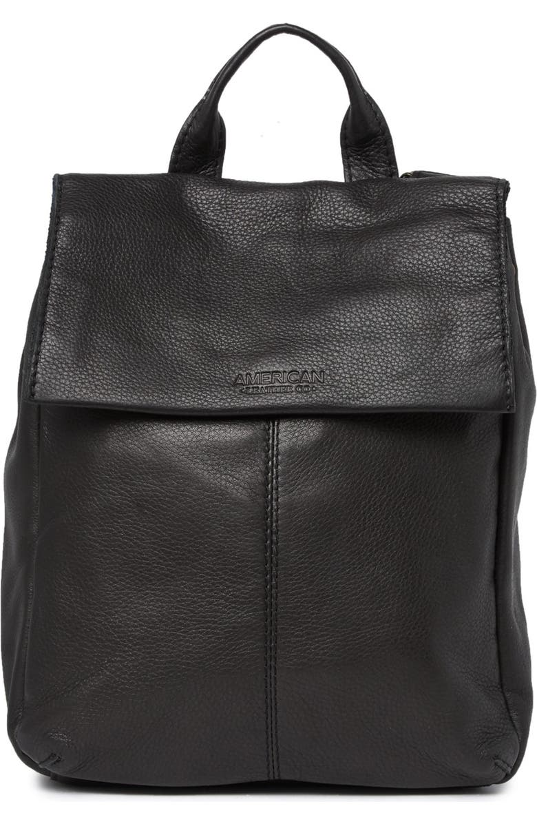 AMERICAN LEATHER CO. Liberty Leather Flap Backpack, Main, color, Black Smooth