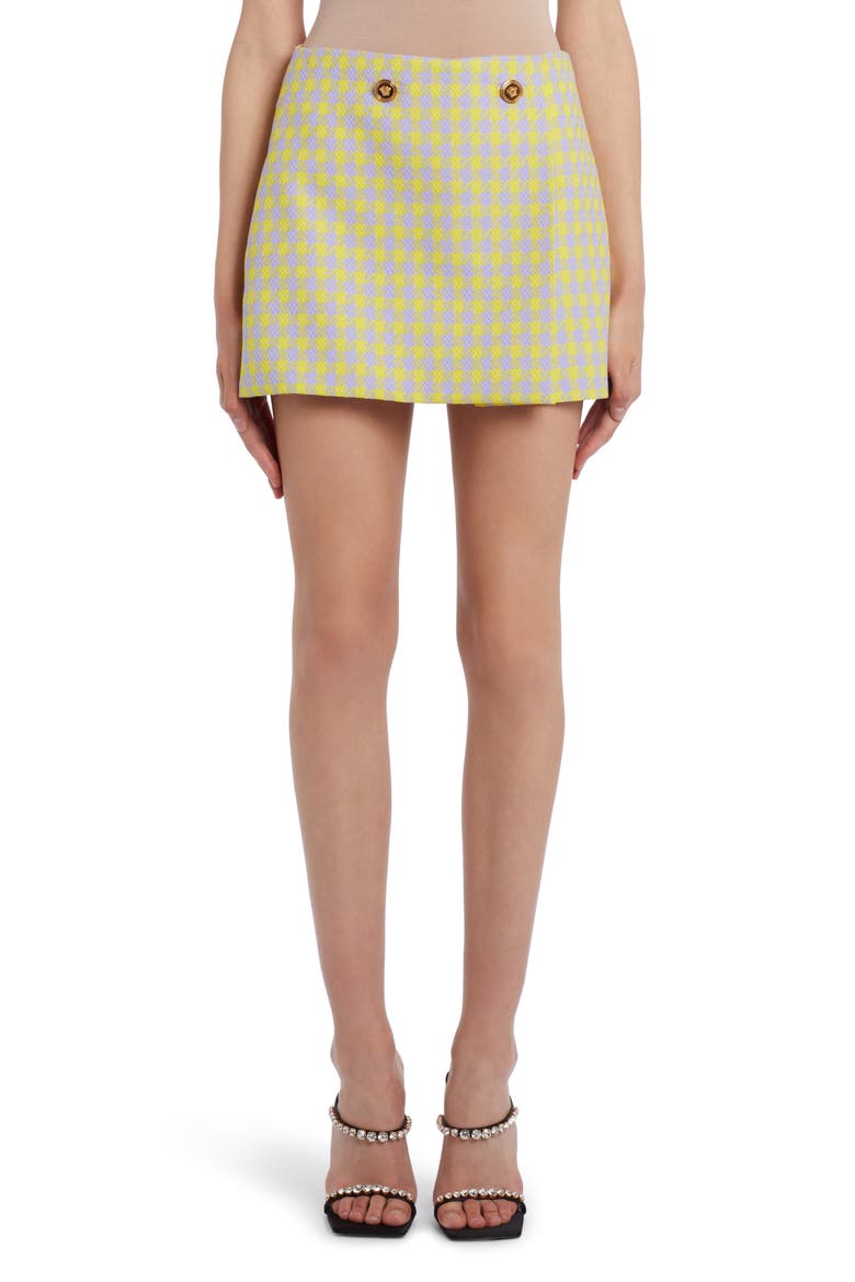 Houndstooth Wool Tweed Faux Wrap Miniskirt, Main, color, ORCHID PINEAPPLE