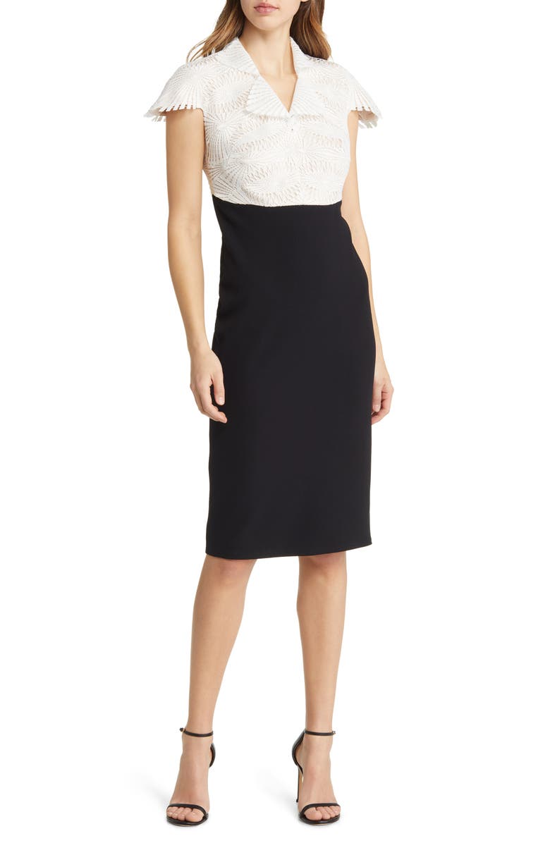 Tadashi Shoji Lace & Crepe Midi Sheath Dress, Main, color,