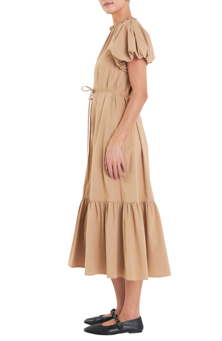 English Factory Puff Sleeve Tie Belt Midi Dress, Alternate, color, Camel