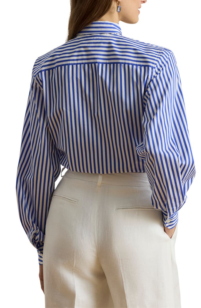 Lauren Ralph Lauren Stripe Tie Neck Cotton Broadcloth Button-Up Shirt, Alternate, color, Blue/ White