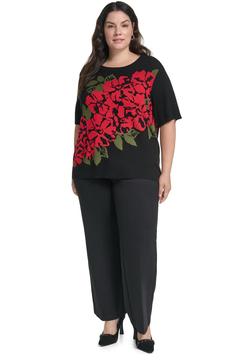 Floral Short Sleeve Sweater, Alternate, color, BLACK/ ADMIRAL RED/ GREEN