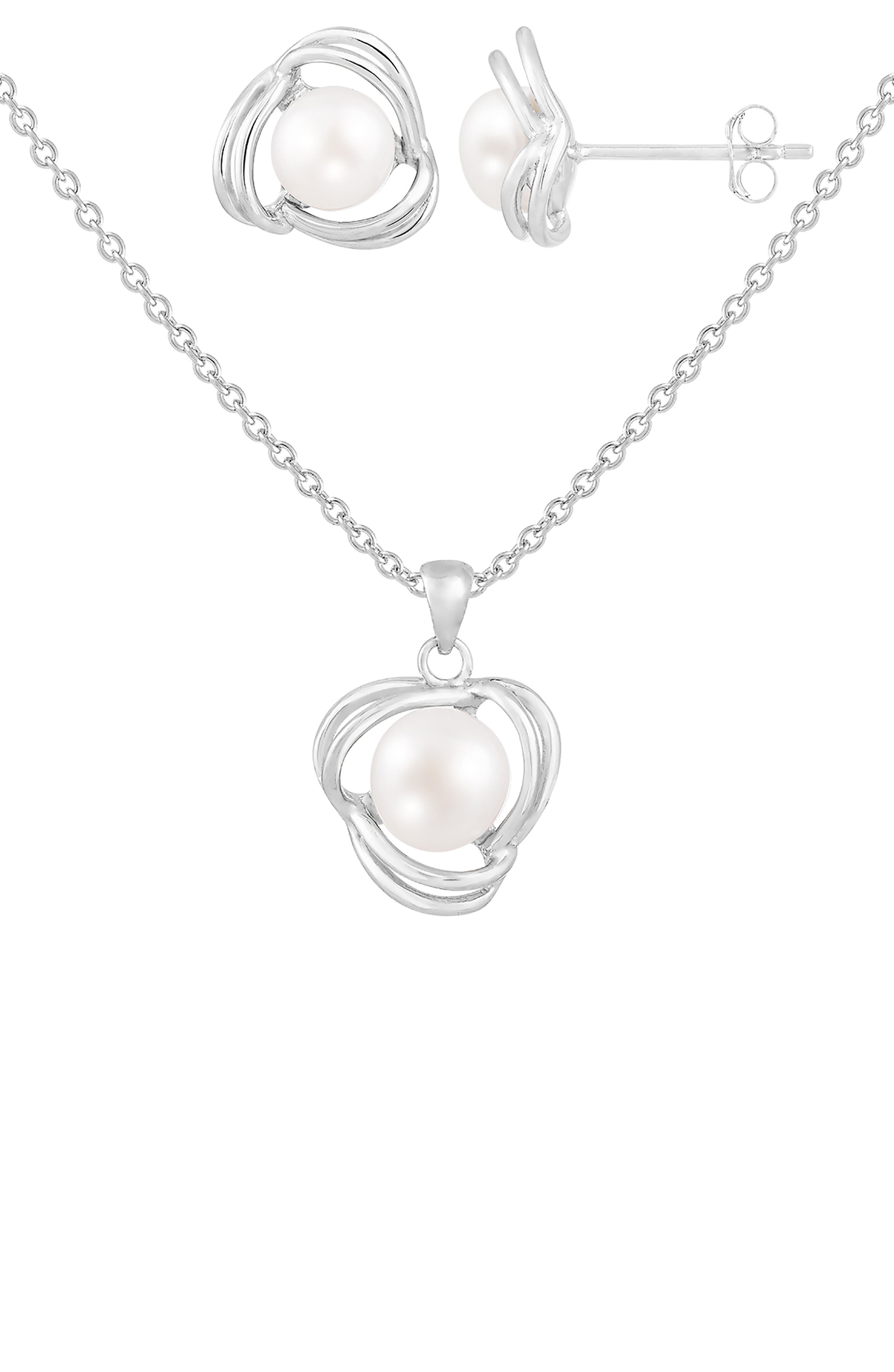 Sterling Silver & 7-8mm Cultured Freshwater Pearl Earrings & Necklace Set