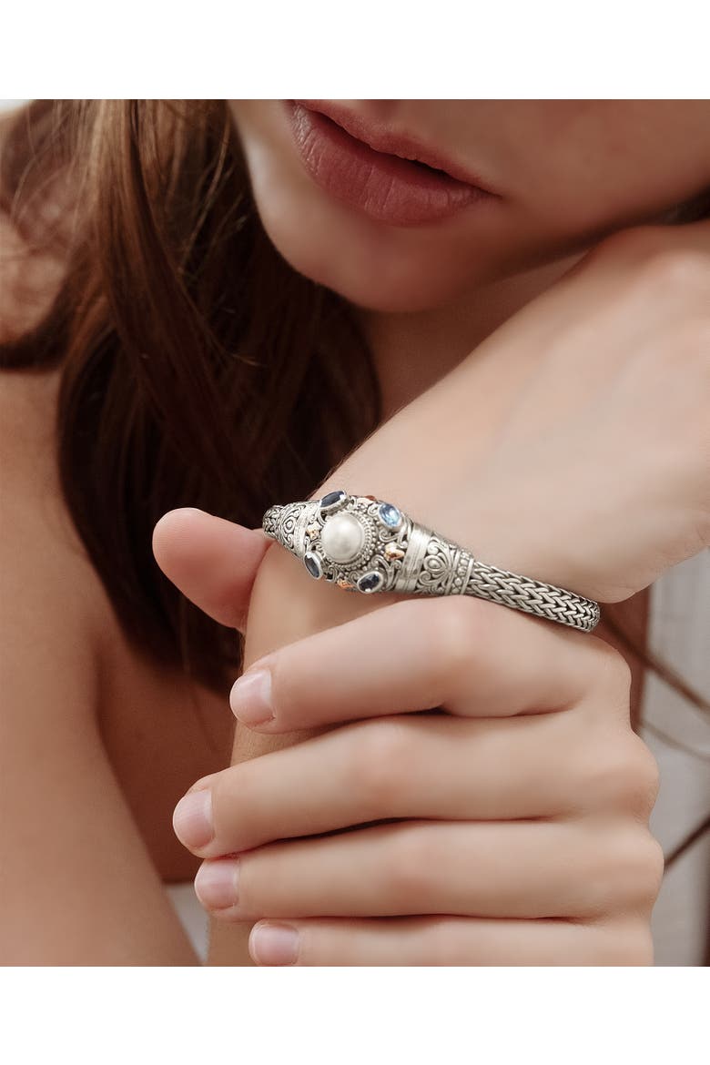 Peridot, Freshwater Cultured Pearl and Filigree with Dragon Bone Chain Bracelet in Sterling Silver and 18K Gold Accents, Alternate, color, Silver