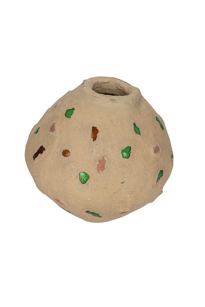 Handmade Paper Mâché Vase with Embedded Glass, Shells, and Wood Pieces, Main, color, Cream