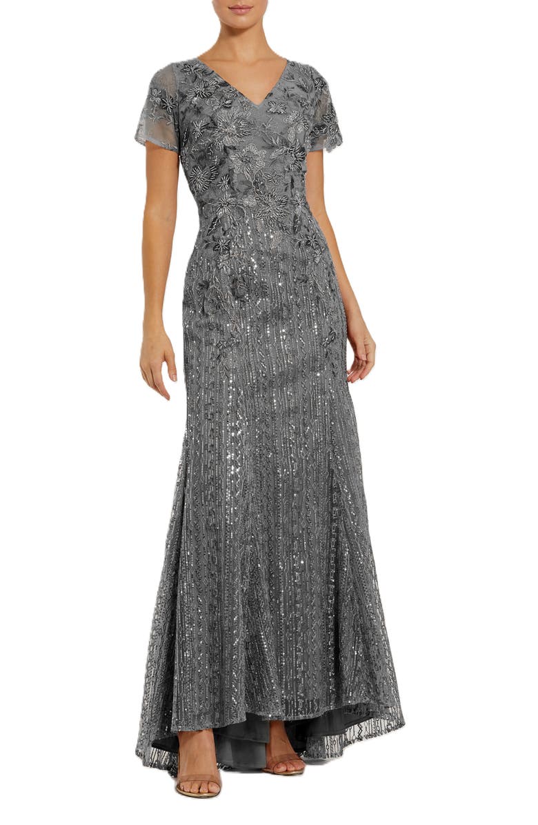 Mac Duggal Embellished V Neck Cap Sleeve Trumpet Gown, Alternate, color, Dark Grey