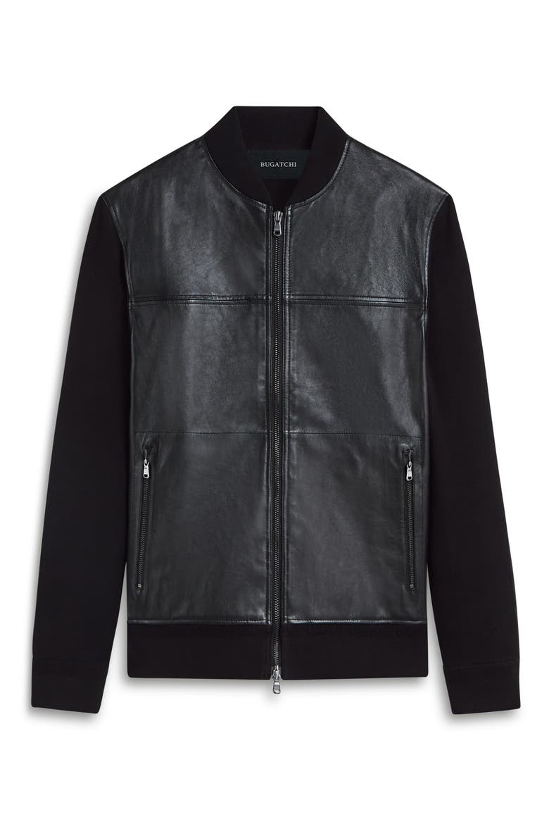 Leather Front Zip-Up Cotton & Cashmere Cardigan, Alternate, color, BLACK