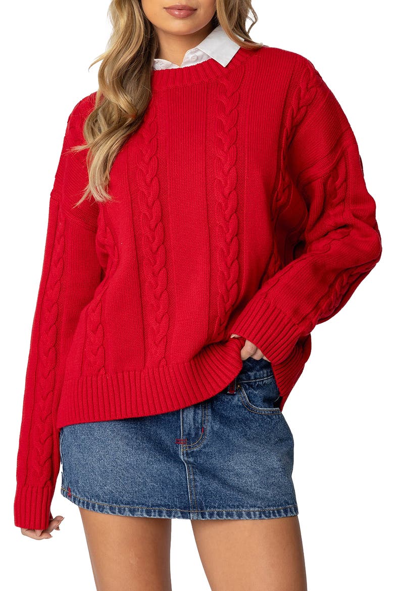 Acacia Oversize Cotton Cable Sweater, Main, color, RED