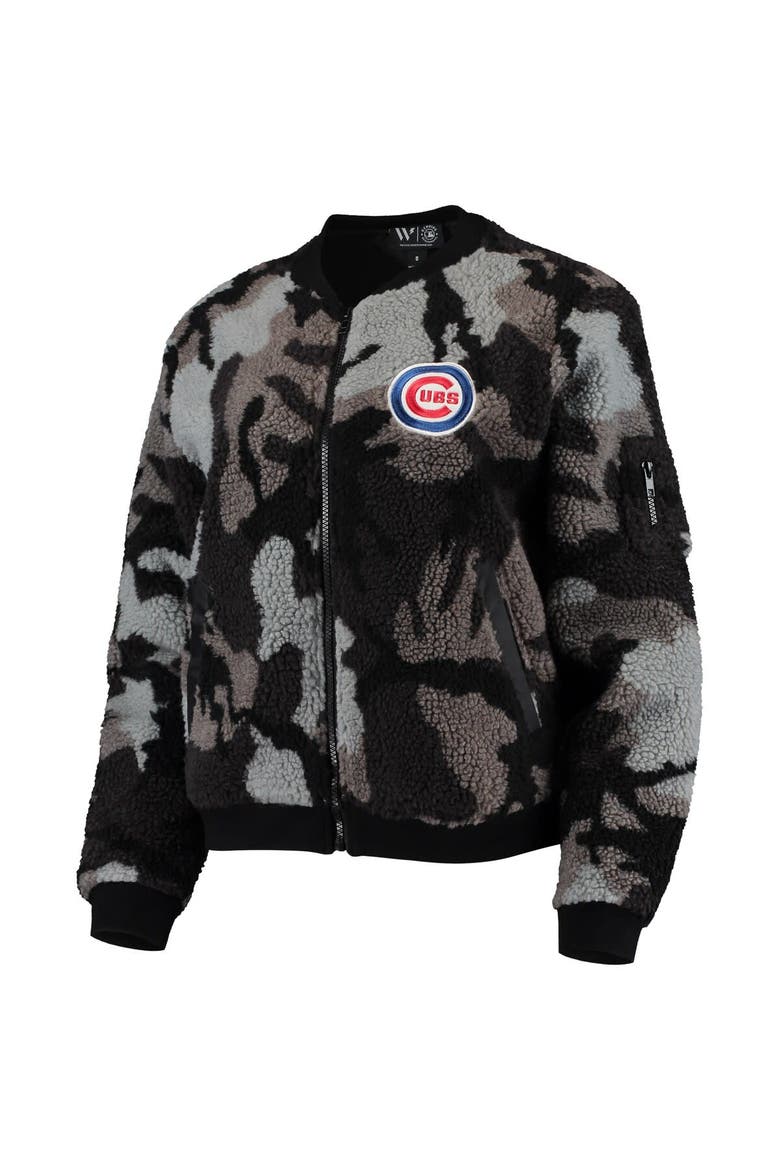 Women's The Wild Collective Black Chicago Cubs Camo Sherpa Full-Zip Bomber Jacket, Alternate, color, Black