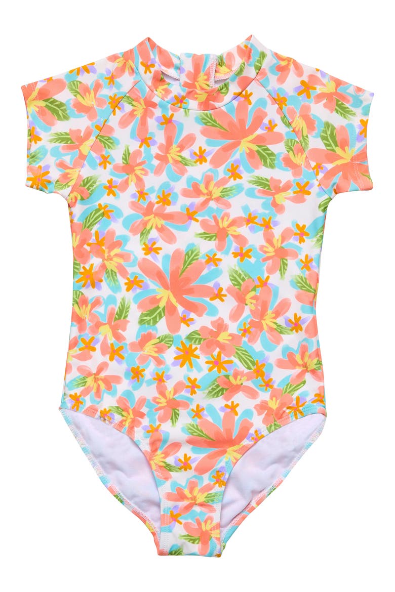 Kids' Floral Short Sleeve One-Piece Rashguard Swimsuit, Main, color, CORAL MULTI