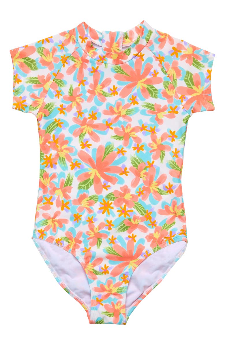 Snapper Rock Kids' Floral Short Sleeve One-Piece Rashguard Swimsuit, Main, color,