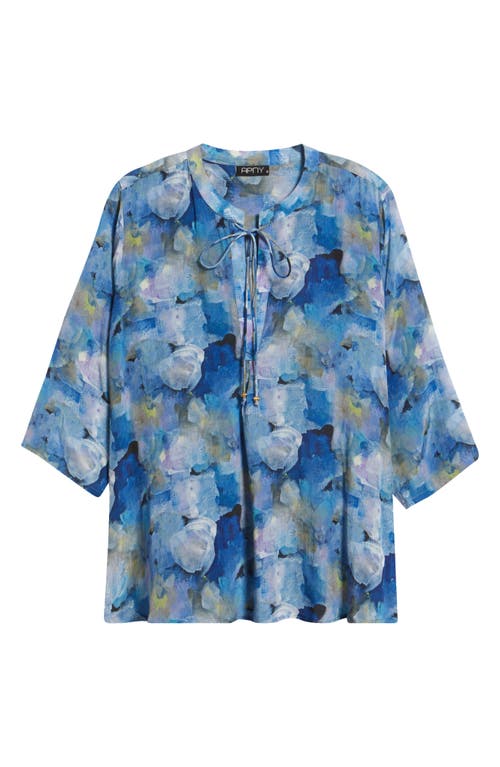 Apny Print Tassel Split Neck Chiffon Top In Blue