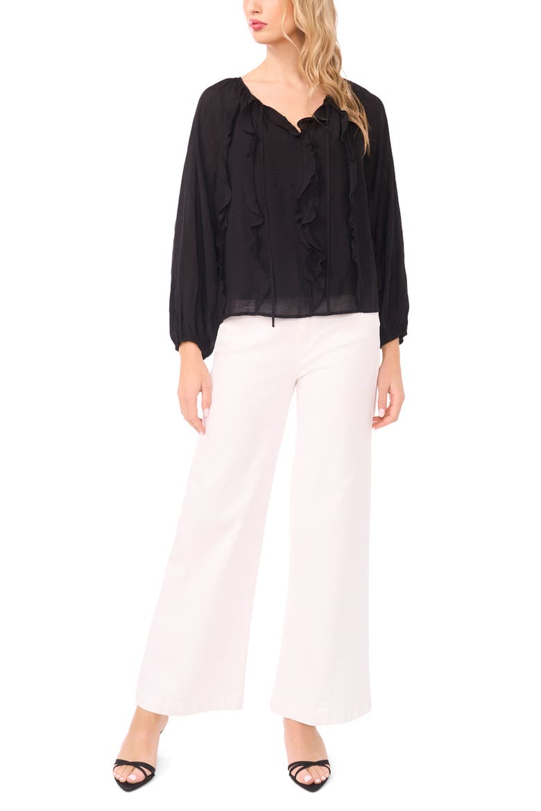 Tie Neck Ruffle Long Sleeve Top, Alternate, color, RICH BLACK
