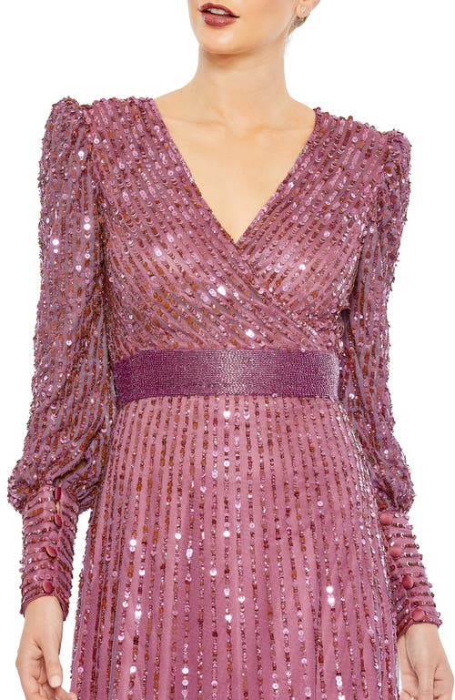 Mac Duggal Sequined Wrap Over Bishop Sleeve Gown In Mauve