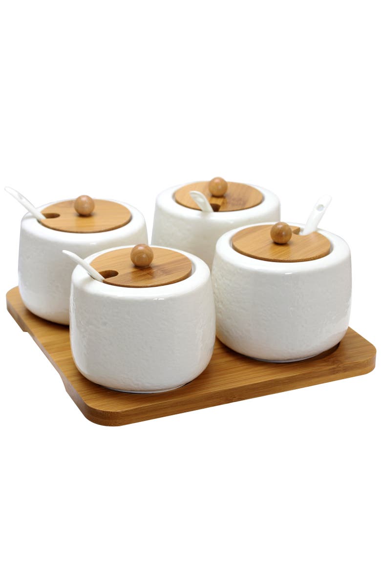 Elama Ceramic Spice, Jam and Salsa Jars with Wood Lids & Serving Spoons, Main, color, White