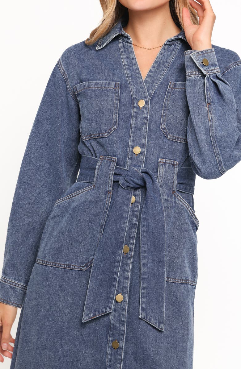 Petal & Pup Ballina Tie Waist Long Sleeve Denim Midi Dress, Alternate, color, Blue Denim