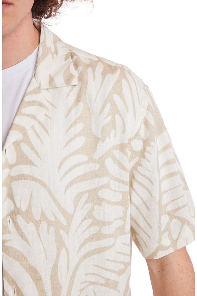 Trim Fit Frond Print Linen Blend Camp Shirt, Alternate, color, TAN & CREAM