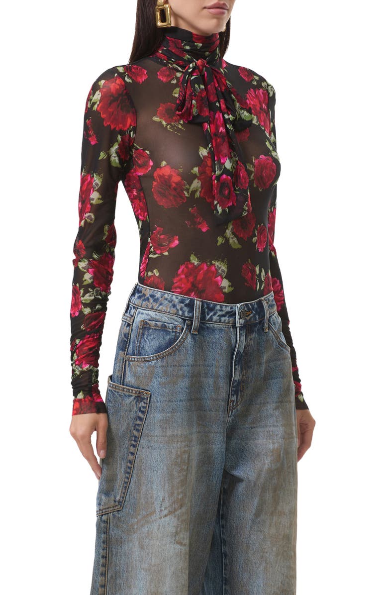 AFRM Julien Tie Neck Turtleneck Mesh Top, Alternate, color, Painted Roses